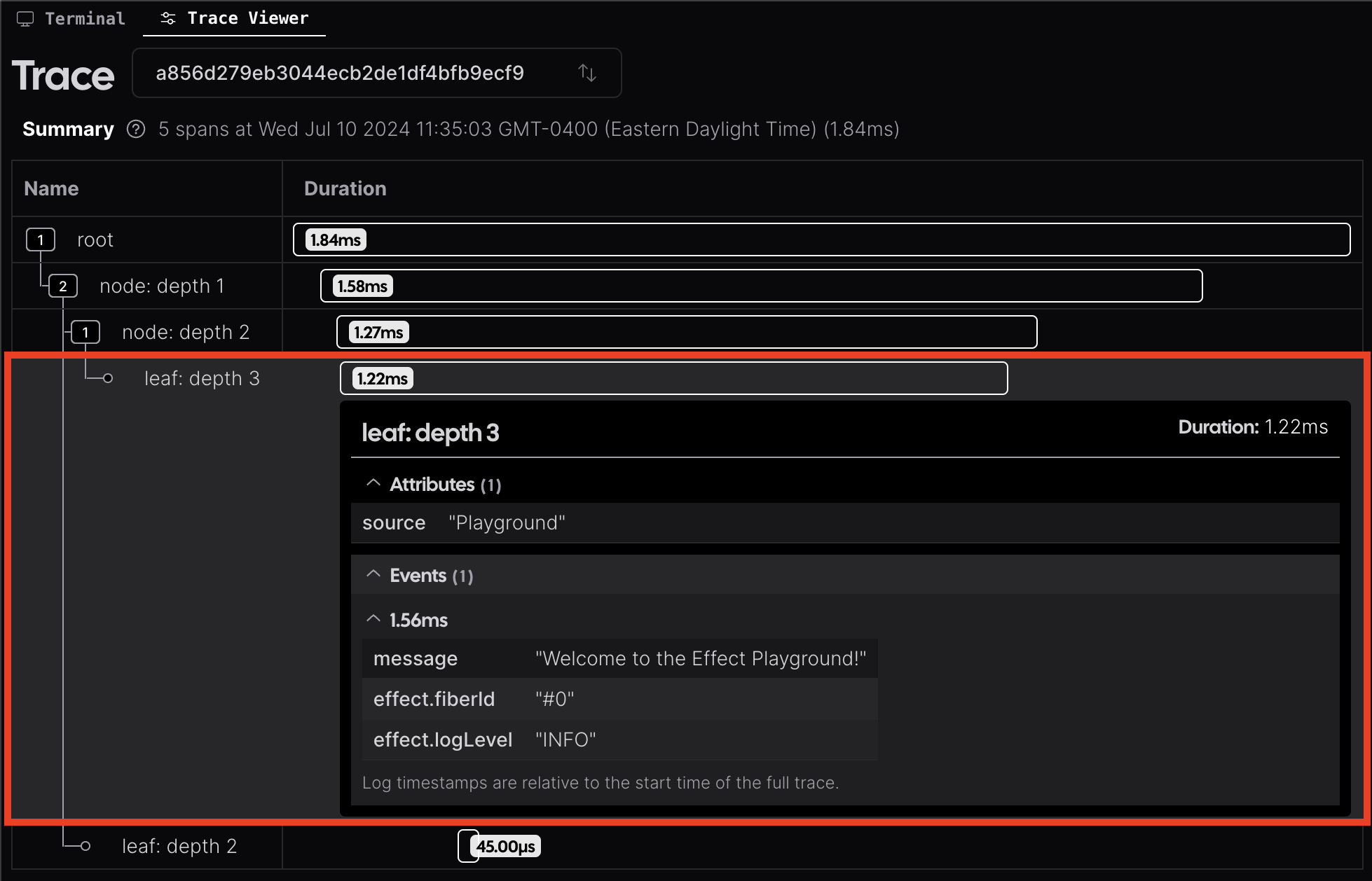 Picture of the Effect Playground's built-in trace viewer with span details displayed