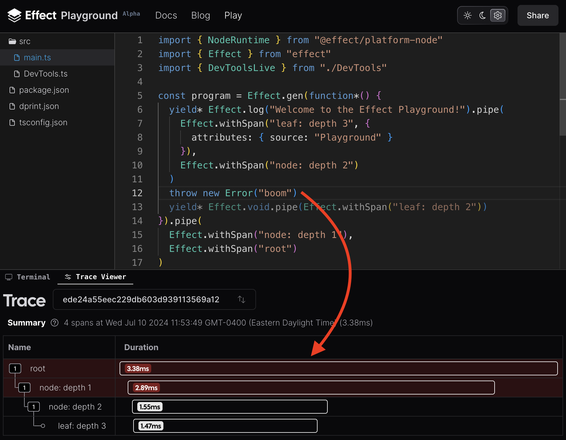 Picture of the Effect Playground's built-in trace viewer showing a span containing an error